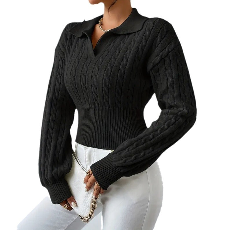 Solid Colour V-Neck Cropped Sweater with Lapel
