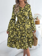 Vintage Bell Sleeve Ruffle Trim Tie Waist A-Line Dress