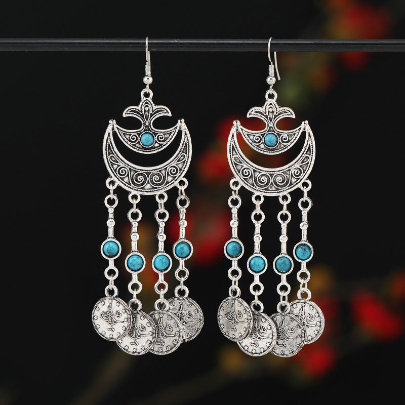Retro Exotic Antique Silver Coin Tassel Earrings