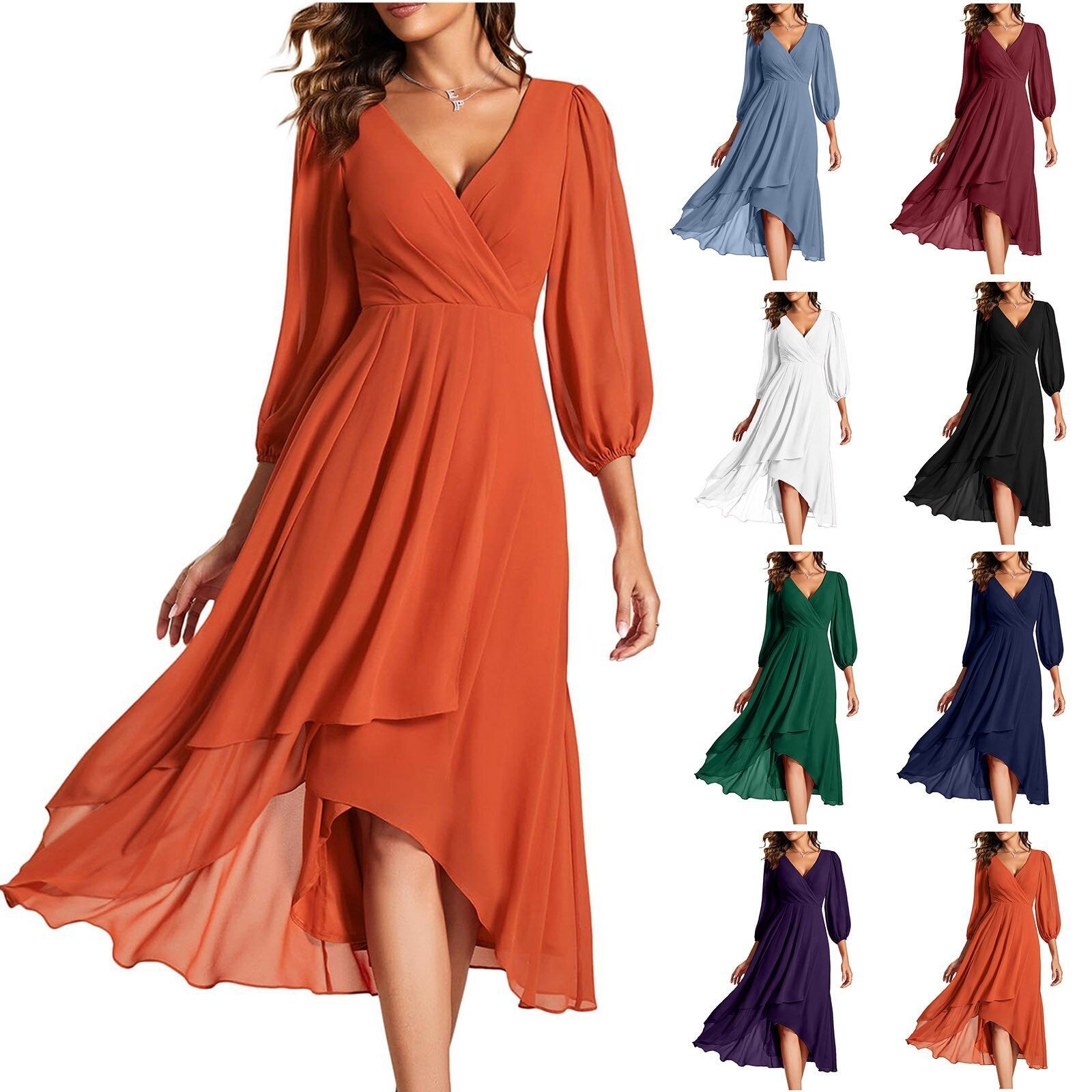 V-neck Long-sleeved Dress Loose Party Evening Dress
