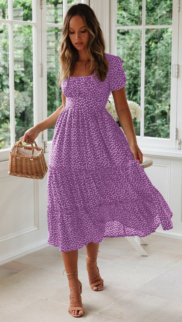 Square Collar Short Sleeve Dress Puff Floral Printed Dress Long Dresses