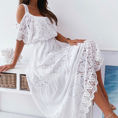 Casual Off-the-shoulder Lace Stitching Cotton And Linen Tied Dress