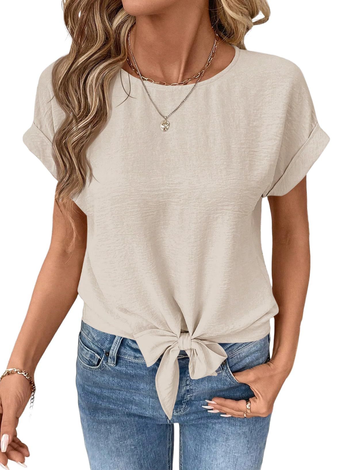 Bow-tied Hem Short-sleeve Shirt Round-neck Pullover