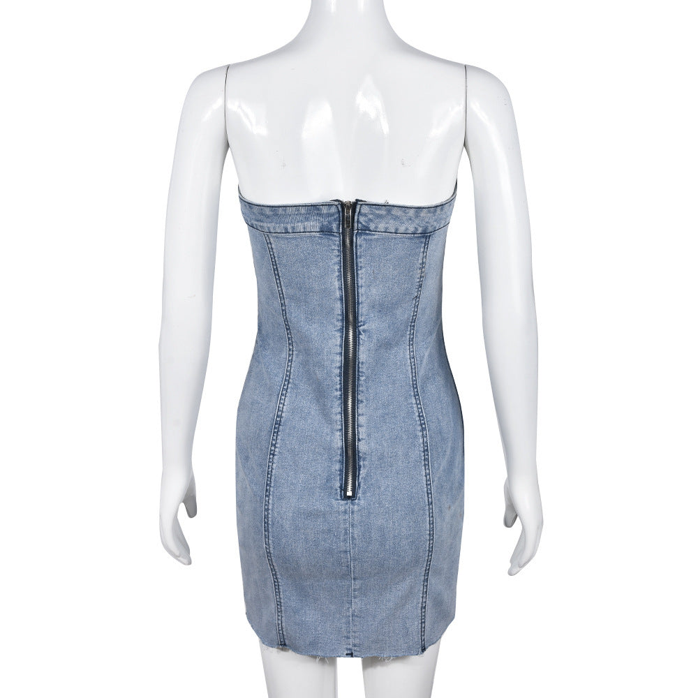 Backless Tube Denim Dress Y2K Slim Short Dresses For Clothing