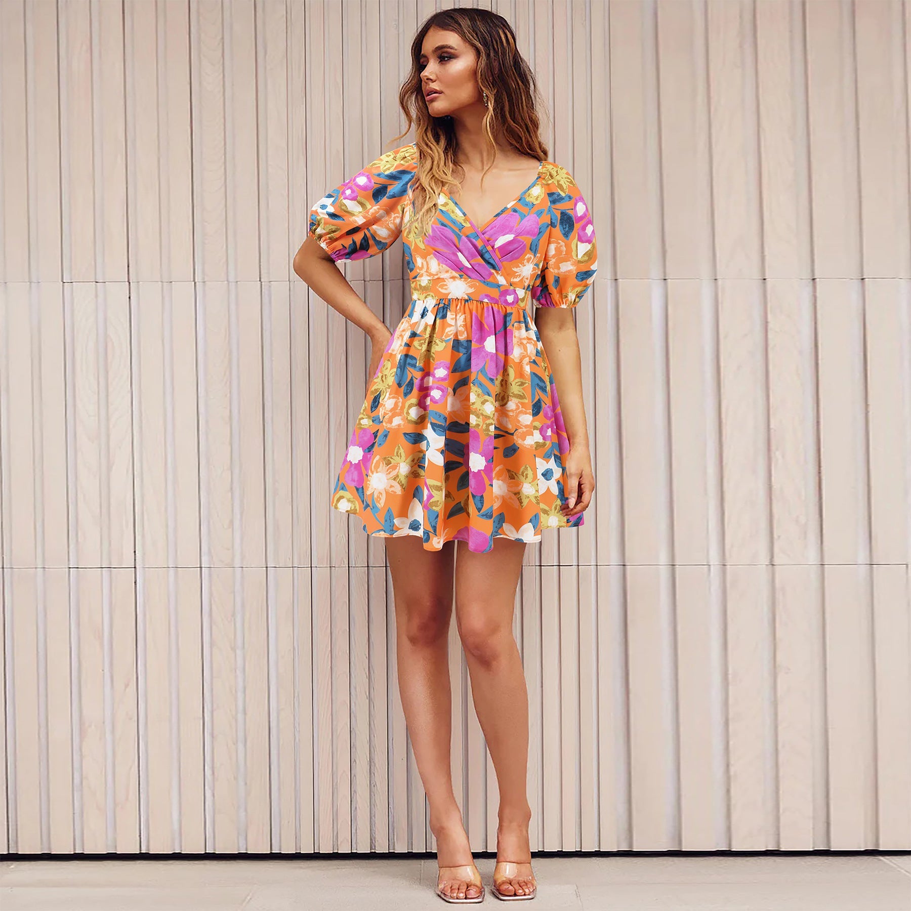 Flowers Print V-Neck Lantern-sleeve Dress Y2K Vacation Beach Short Dresses Womens Clothing
