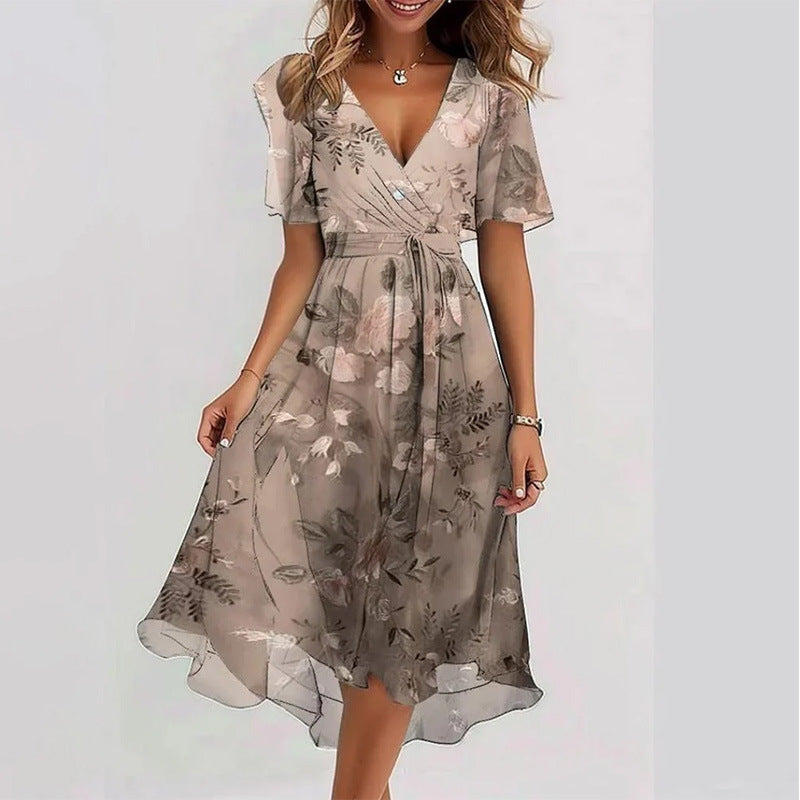 Flowers Printed V-neck Dress A-line Short-sleeved Dresses For Women