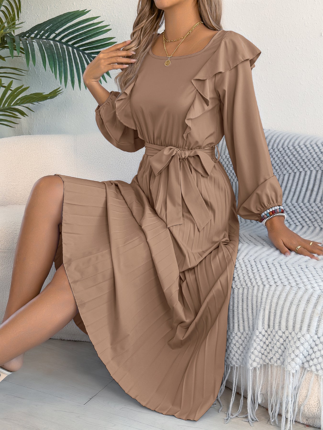 Elegant Ruffle Trim Square Neck Long Sleeve Tie Waist Pleated Dress