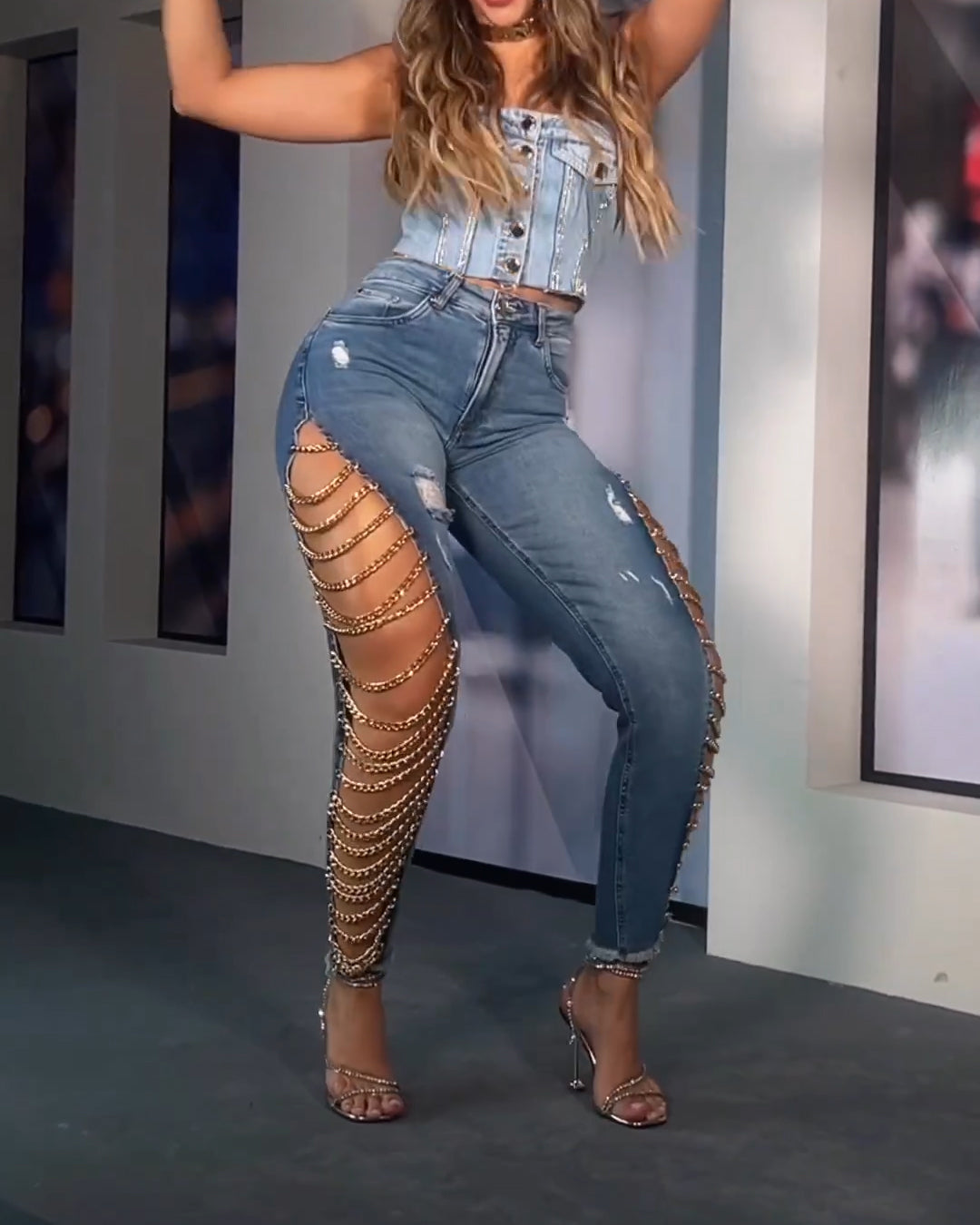High Rise Destroyed Trendy Chain Raw Hem Lace Up Sides Zipper Button Denim Jeans