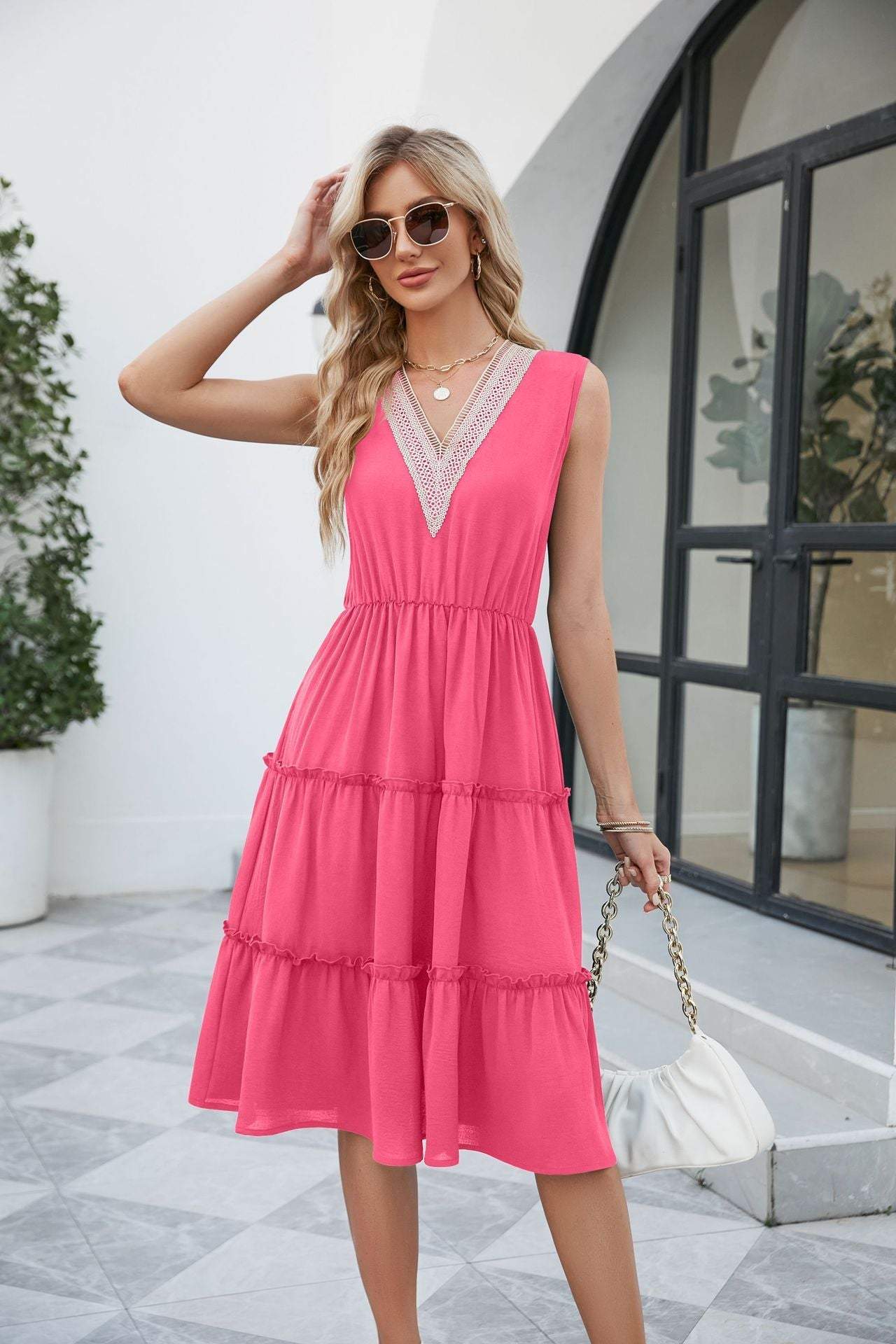 V-neck Dresses Sleeveless Pleated Ruffle Elegant Dress Beach Summer