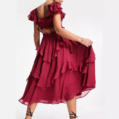 Holiday Ruffled Short-sleeved Dress Backless Square Neck Long Dresses For Party Womens Clothing