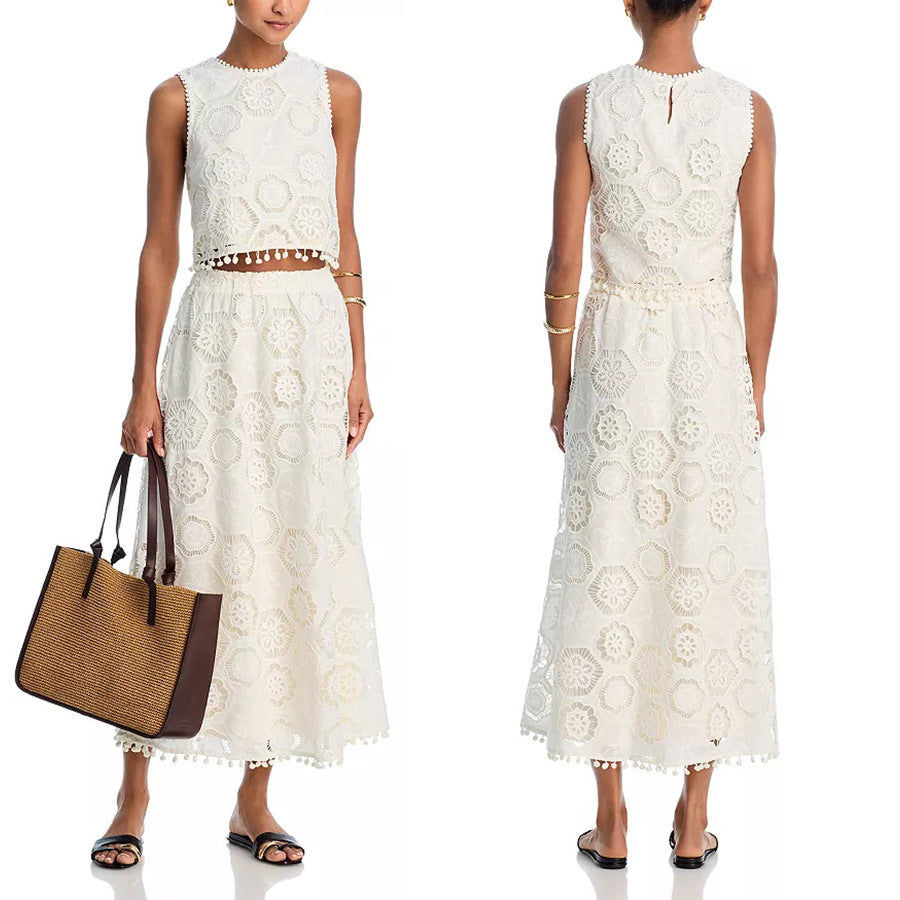 Literary Trends White Sleeveless Short Top Skirt Suit