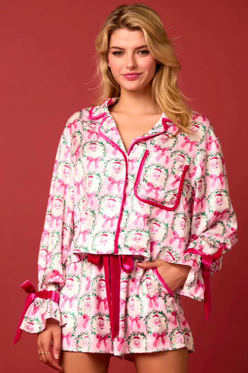 2 Pcs Christmas Pajama Set Santa Tree Print Lapel Neck Button-up Long Sleeve Tops Shorts Loungewear Outfit
