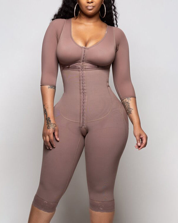 Bodyshaper For Hook And Eye Closure Long Sleeve Tummy Control Breast Support Bodysuit Shapewear