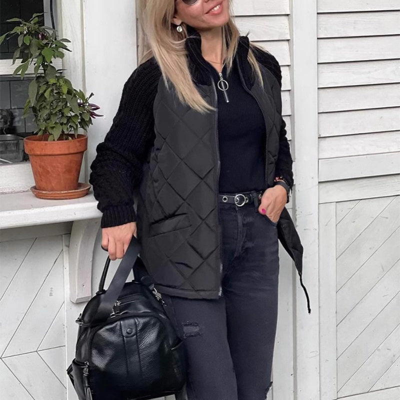 Stand Collar Cotton Jacket With Pockets Knitted Stitching Zipper Coat Warm Tops For Clothing