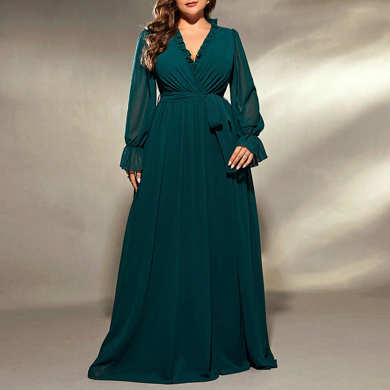 Long Large Hem Green Chiffon Dress
