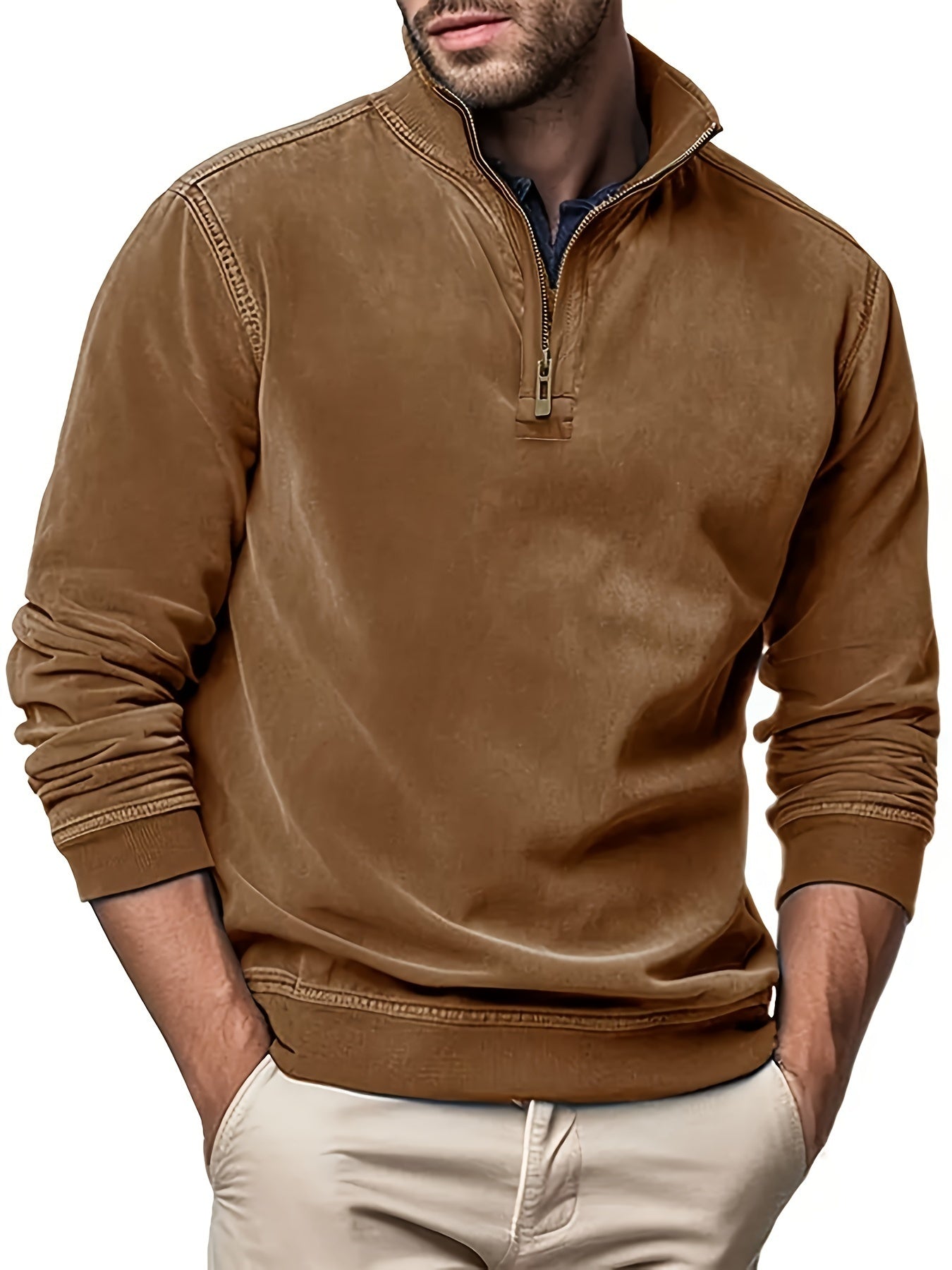 Men Faux Leather Sweatshirts Solid Color Stand Collar Zipper Long Sleeve Tops Fall Casual Pullovers