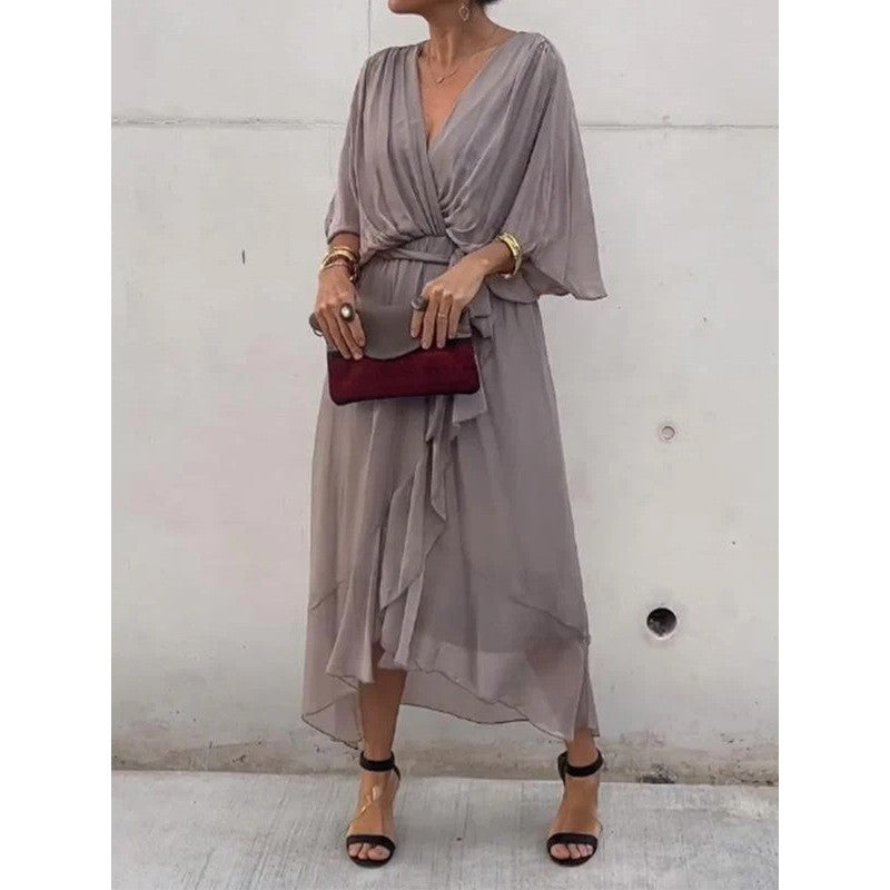 Batwing Sleeve V-neck Dress Pure Color Tied Irregular Long Dresses Womens Clothing