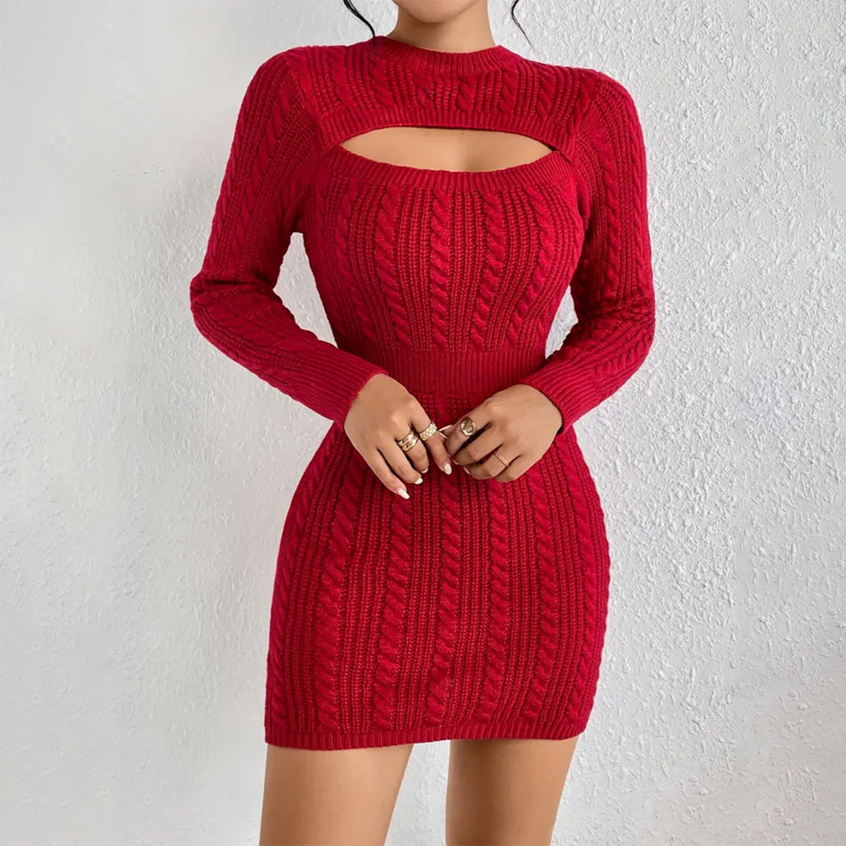 Hollow-out Cinched Clothing Package Hip Sweater Dress