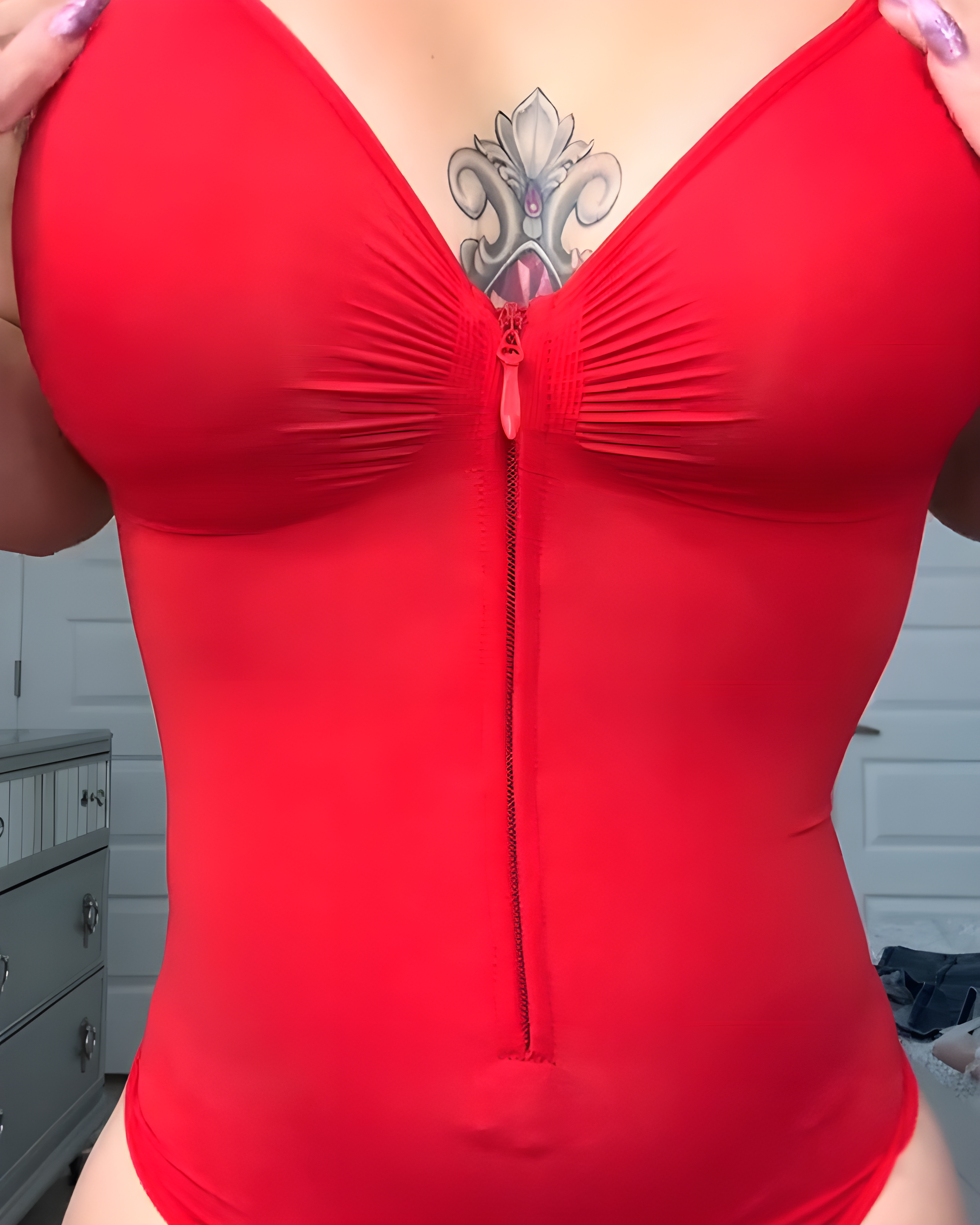 V-Neck Front Zip Ribbed Shapewear Thong Bodysuit