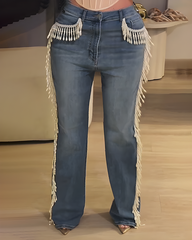 Beaded Tassel Trim Straight Leg Jeans