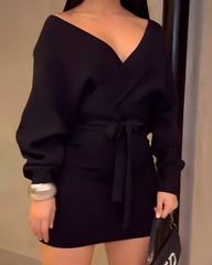 V-Neck Tie-Up Long-Sleeved Dress