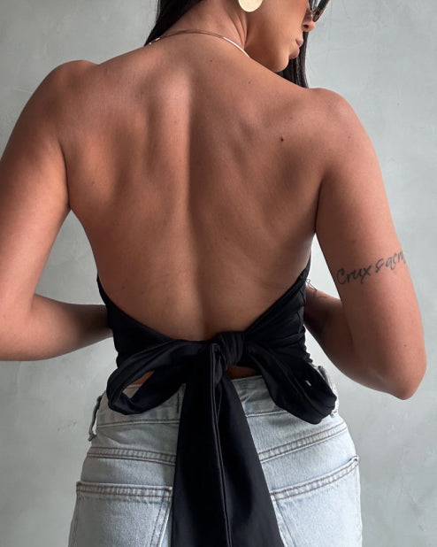 Metal Choker Halter Top With Waist Tie Detail