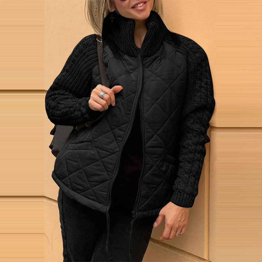 Stand Collar Cotton Jacket With Pockets Knitted Stitching Zipper Coat Warm Tops For Clothing