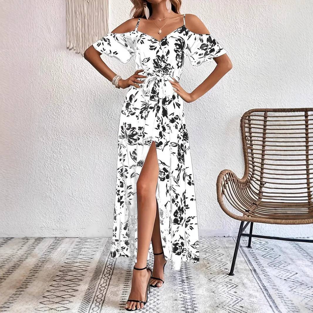 Ins Off-Shoulder Split Dress Floral Print Suspender Long Dresses With Belt Design Beach Clothing