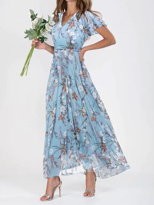 Flowers Print Short Sleeve Dress Ruffle Beach Dresses Clothing
