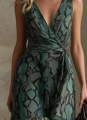 Vintage And Mysterious Green Snake Print Chiffon Sleeveless Maxi Dress