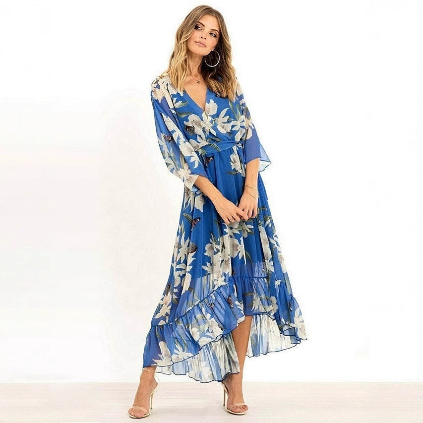 Womens Sophisticated Celebrity-Style Printed Deep-V Chiffon Dress