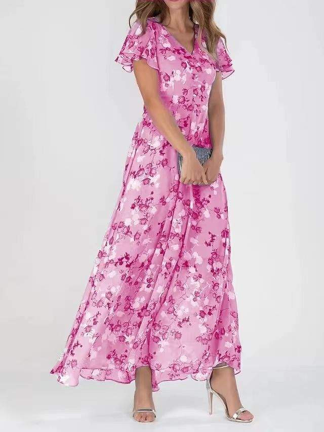 Flowers Print Short Sleeve Dress Ruffle Beach Dresses Clothing