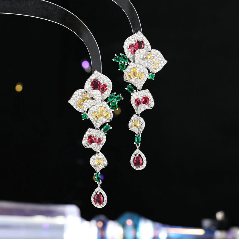 1 Pair Gorgeous Long Dangle Flower Earrings, Cubic Zirconia Earrings For Women, Party Prom Dress Jewelry, Birthday Holiday Gift
