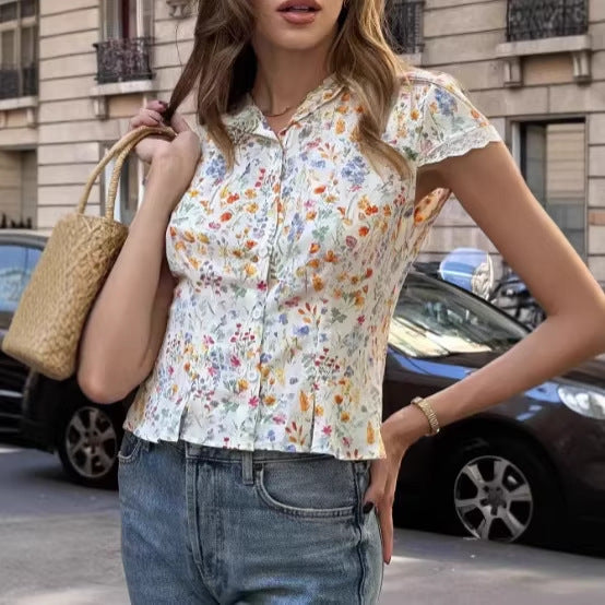 Floral Print Lace-Patchwork V-Neck Shirt