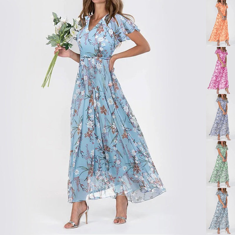 Flowers Print Short Sleeve Dress Ruffle Beach Dresses Clothing