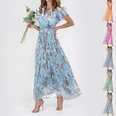 Flowers Print Short Sleeve Dress Ruffle Beach Dresses Clothing