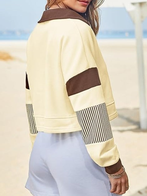 Fisoew Long Sleeve Crop Tops Polo V Neck Color Block Casual Loose Pullover Cropped Sweatshirt
