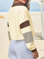Fisoew Long Sleeve Crop Tops Polo V Neck Color Block Casual Loose Pullover Cropped Sweatshirt