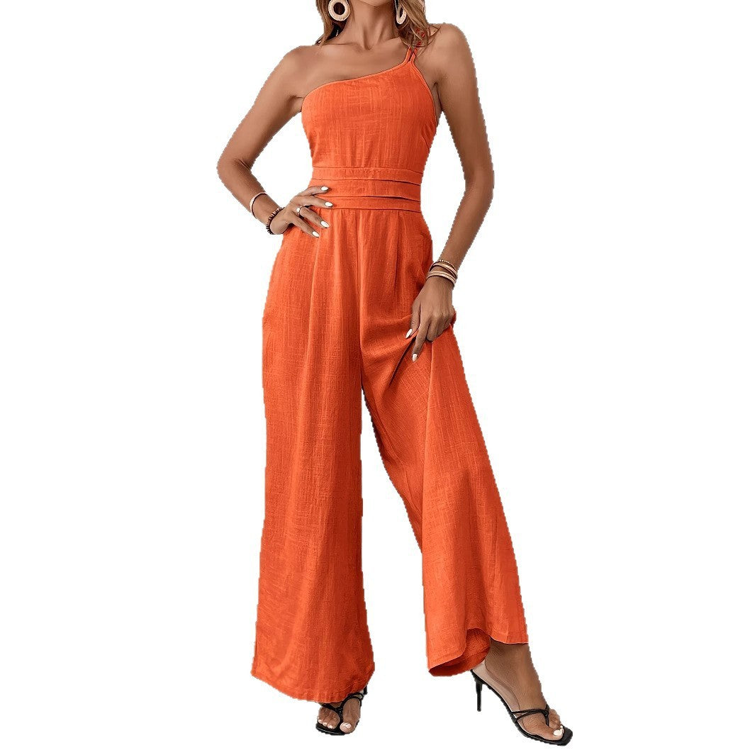 Solid Color Wide-leg Thin One-shoulder Jumpsuit