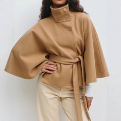 High Neck Batwing Sleeve Coat With Belt Loose Elegant Button Top Trench Coat For Clothing