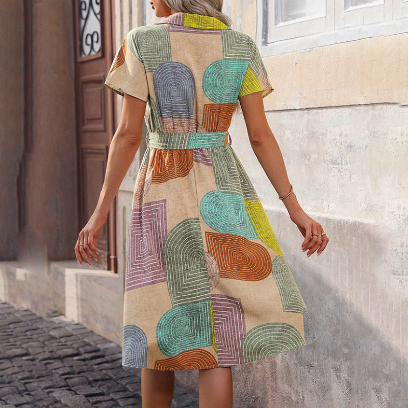 Bohemian Floral Midi Dress V-Neck Short Sleeve Casual Dress, Slight Stretch Woven Fabric, Vibrant Print, Fashion