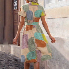 Bohemian Floral Midi Dress V-Neck Short Sleeve Casual Dress, Slight Stretch Woven Fabric, Vibrant Print, Fashion