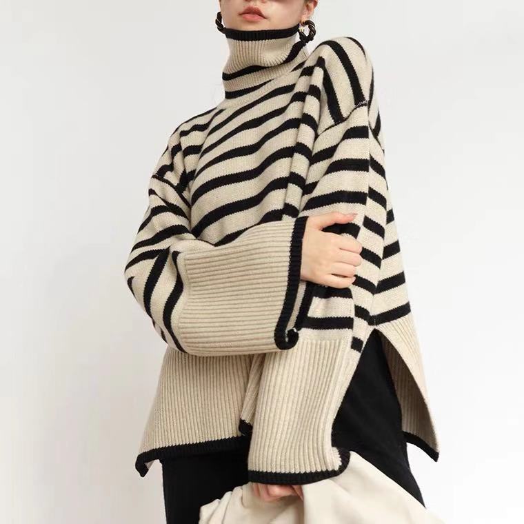 Striped Turtleneck Sweater Casual Loose Slit Design Sweater Tops Womens Clothing