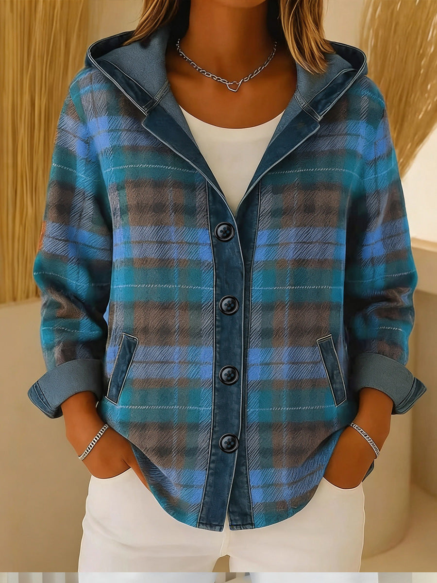 Womens Trendy Plaid Contrast-color Jacket