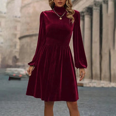 Mock Neck Velvet Midi Dress, Smocked Waist Long Sleeve Casual Dress
