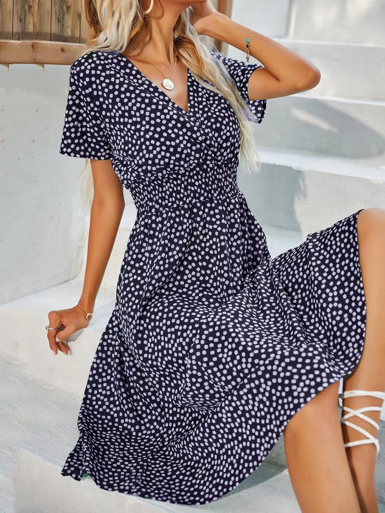 Floral Print Short Sleeved V-neck Pullover High Waisted Dress A-line Skirt Mid Length Skirt