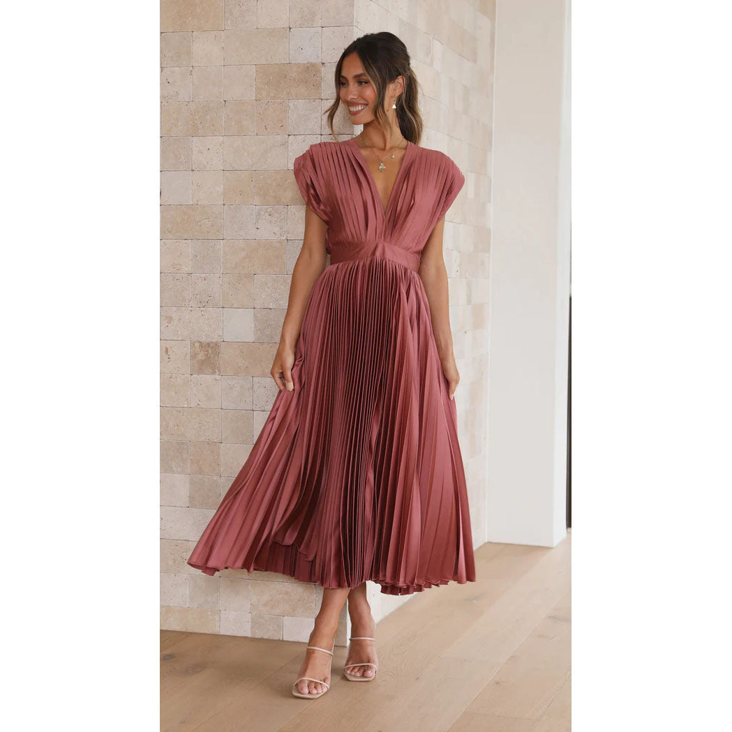 V-Neck Pleated Sleeveless Dress â€?Casual Loose Fit with Zip Detail
