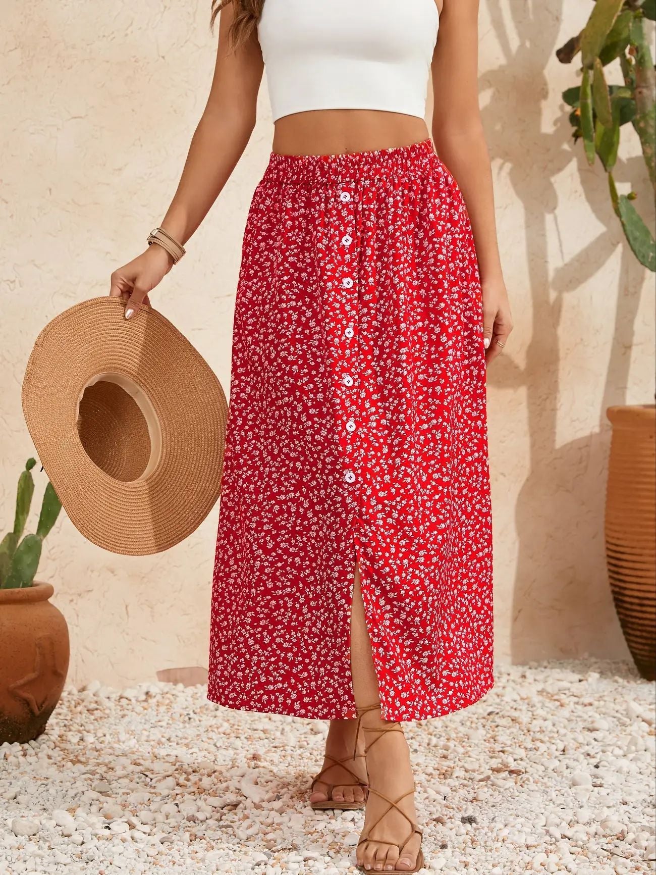 Printed Breasted Self-tie Pastoral A- Line Skirt Advanced Skirt