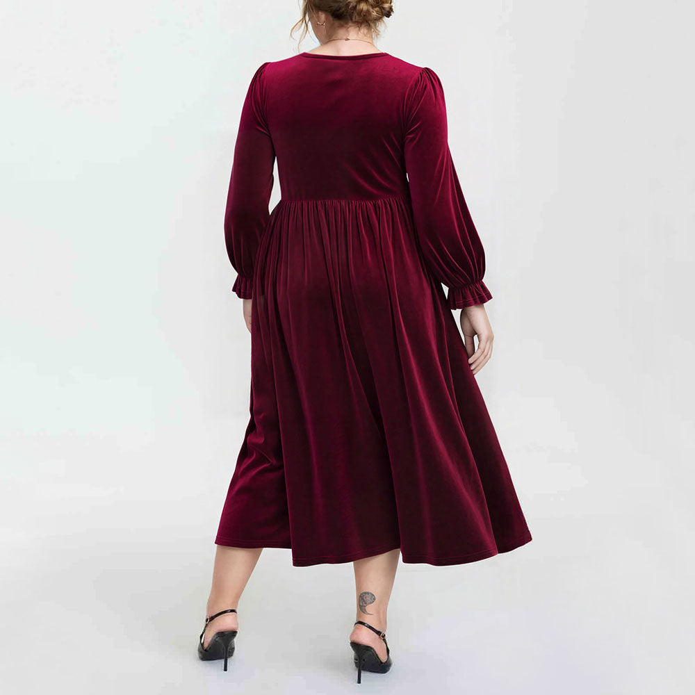 V-neck Pleated High-waist Plus-size Midi Dress