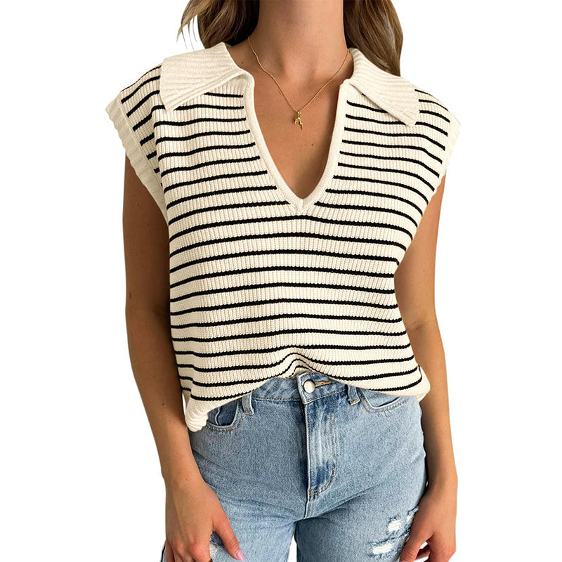 V Neck Cap Sleeve Sweater Vest Sleeveless Collared Striped Knit Tank Tops